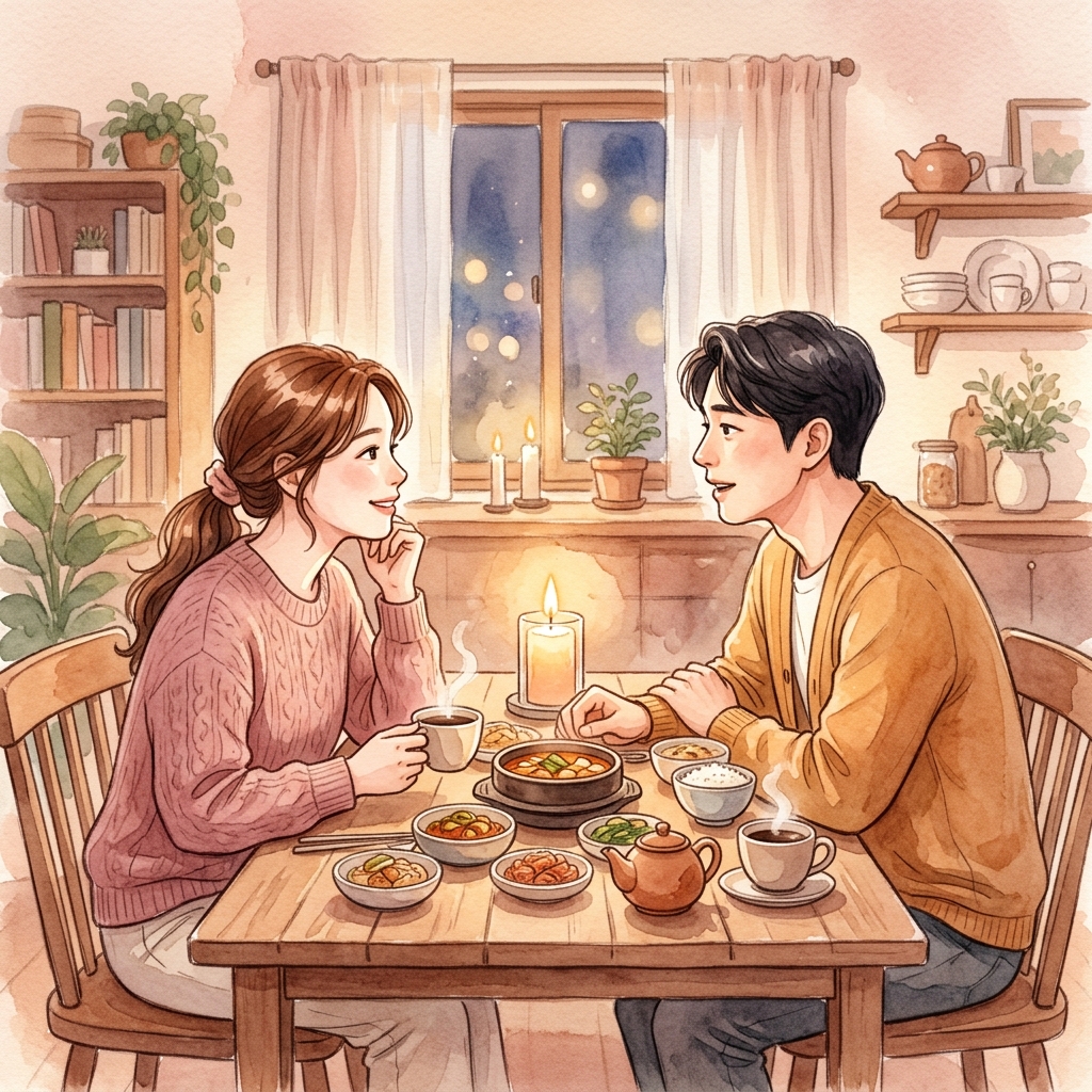 촛불 켜진 식탁에서 대화하는 두 사람 - 고트만 연구 기반 관계 기술
