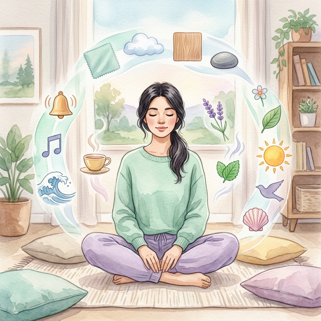 감각 요소들로 둘러싸인 명상 자세 - 5-4-3-2-1 그라운딩 기법